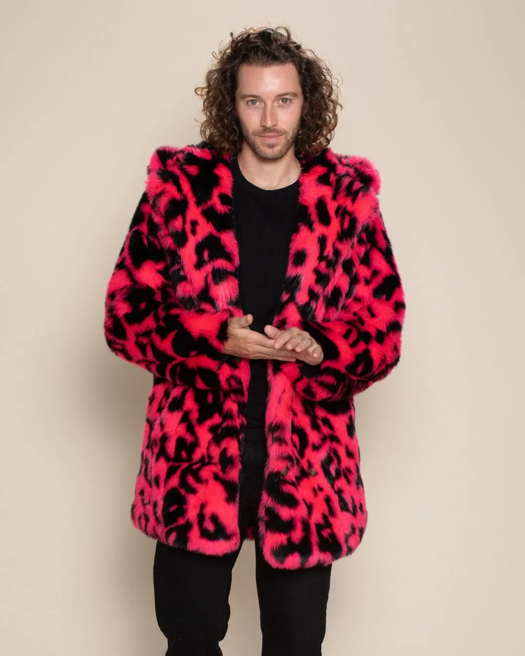 Neon Pink Leopard Classic Faux Fur Coat | Men's