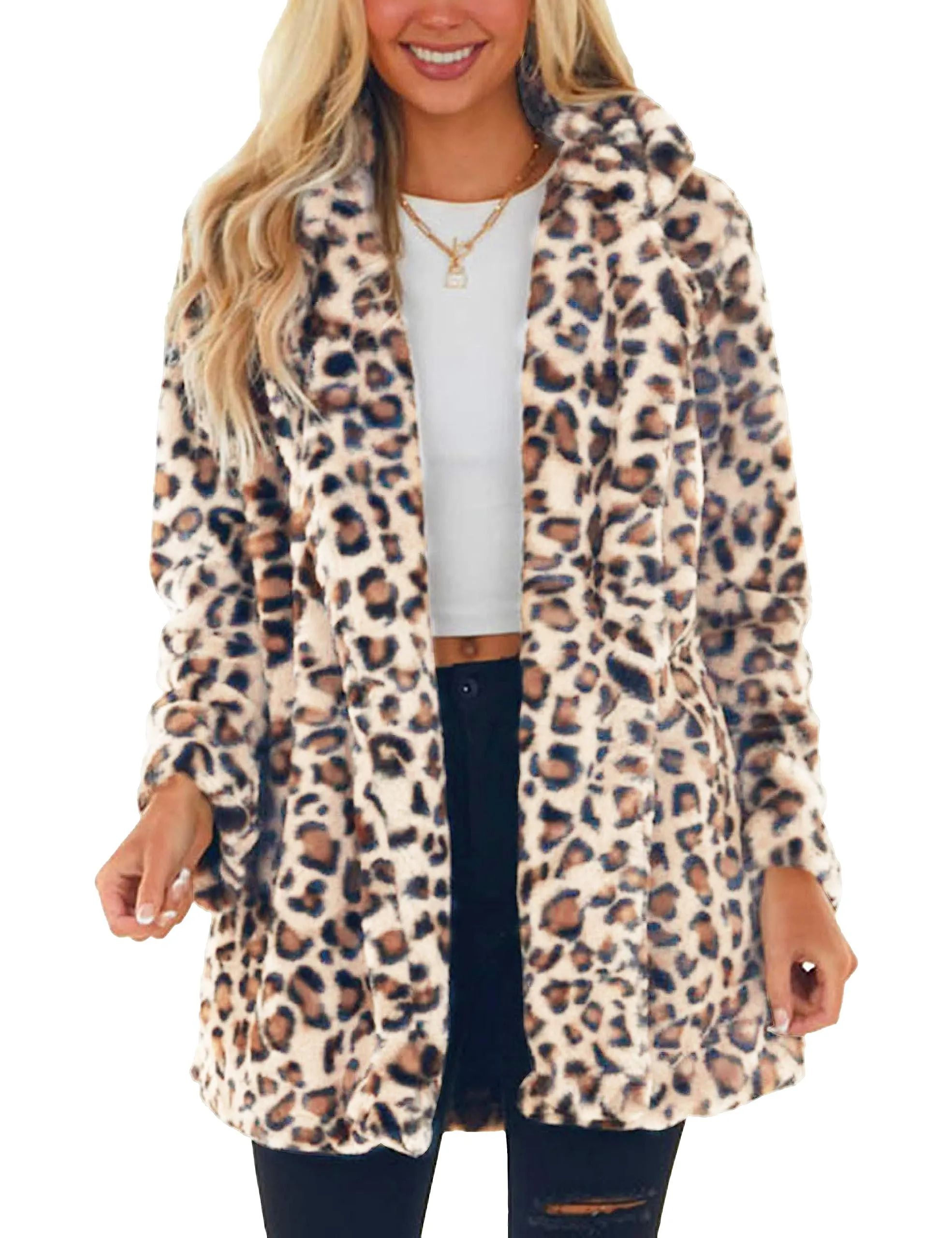 Omoone Women's Faux Fur Jackets Autumn Winter Leopard Coats Loose Fur Coat with Pockets