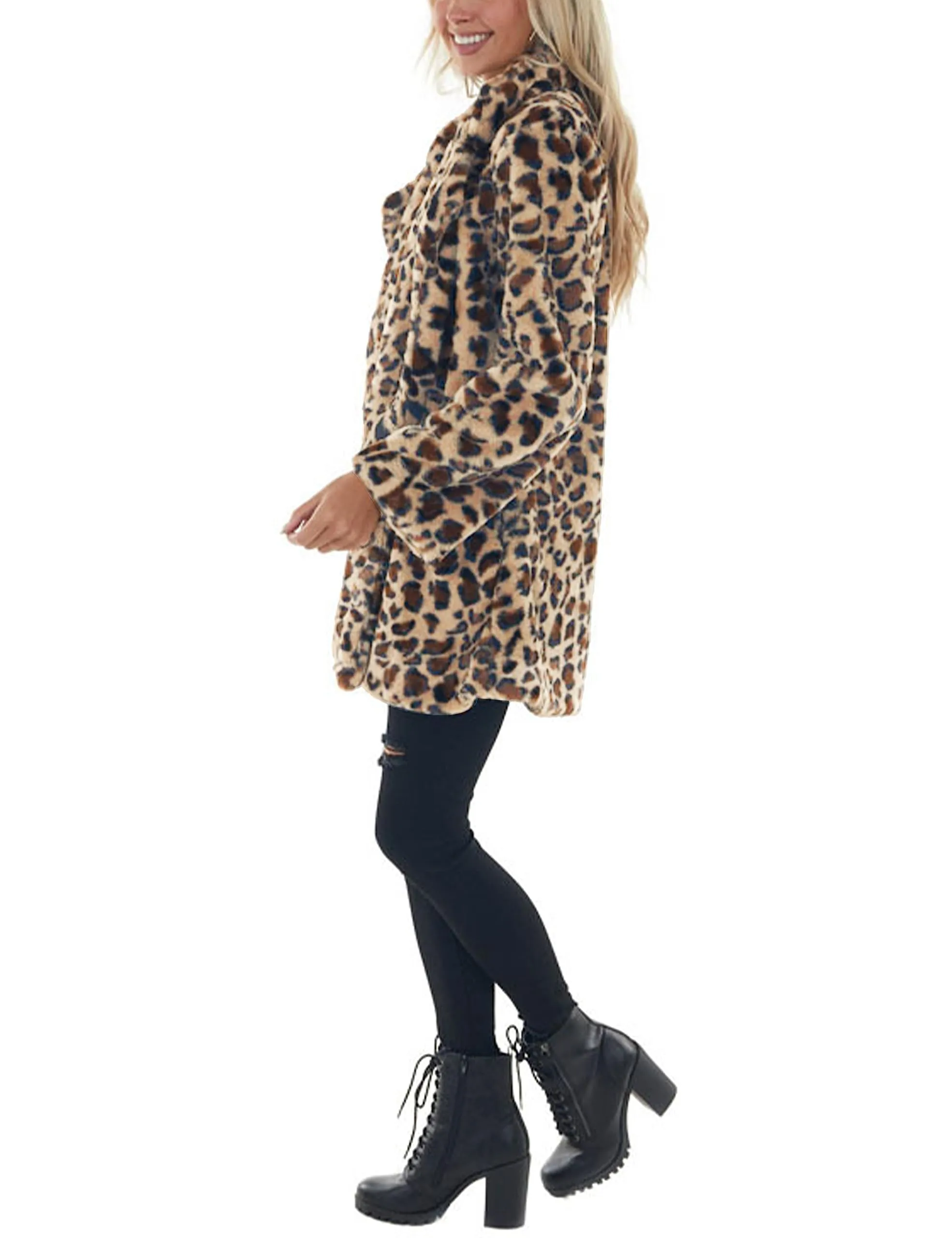 Omoone Women's Faux Fur Jackets Autumn Winter Leopard Coats Loose Fur Coat with Pockets