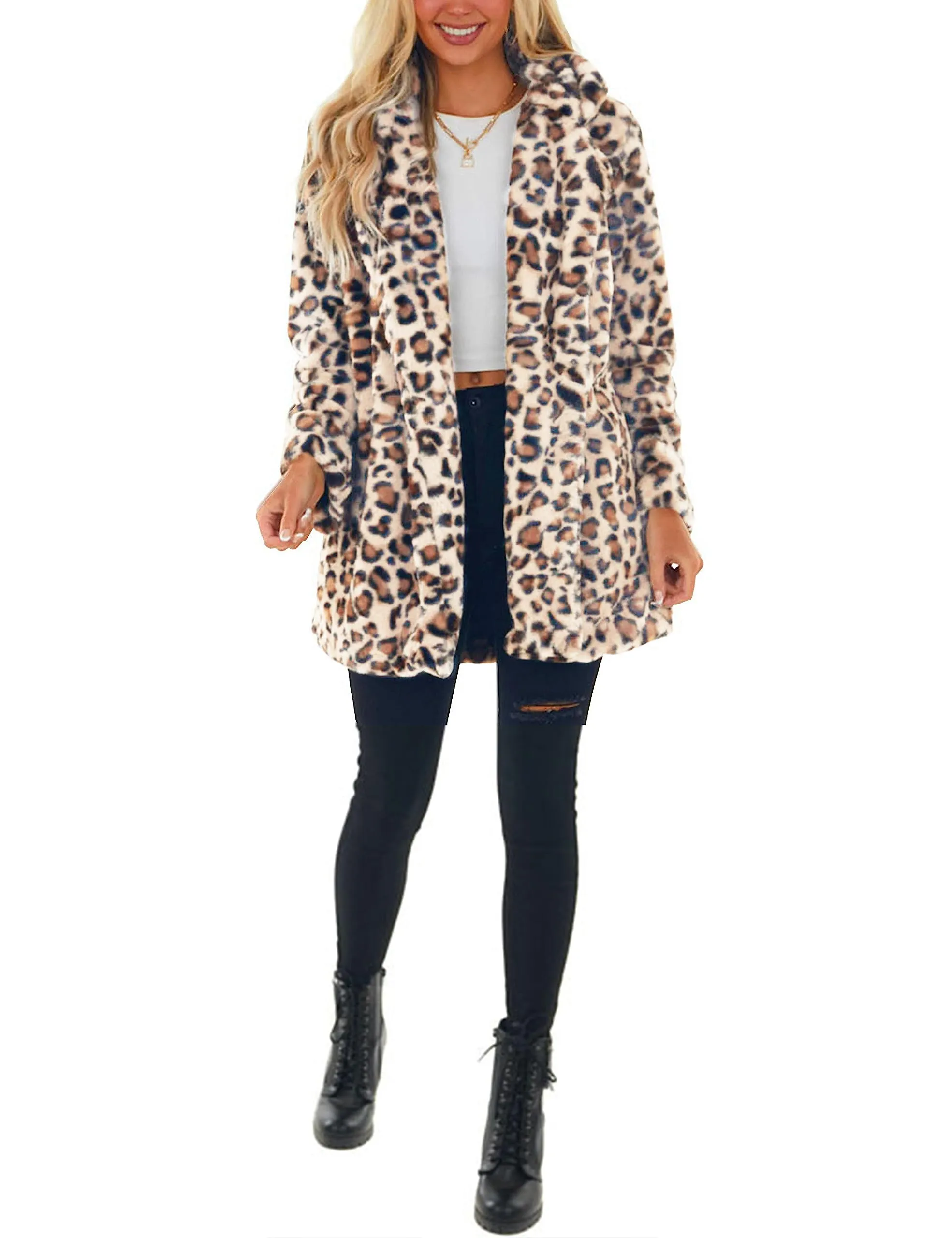 Omoone Women's Faux Fur Jackets Autumn Winter Leopard Coats Loose Fur Coat with Pockets