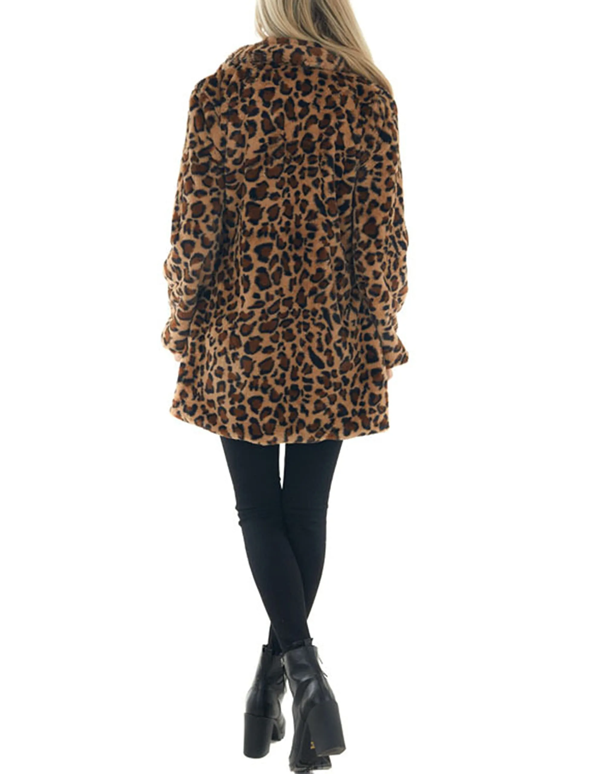 Omoone Women's Faux Fur Jackets Autumn Winter Leopard Coats Loose Fur Coat with Pockets