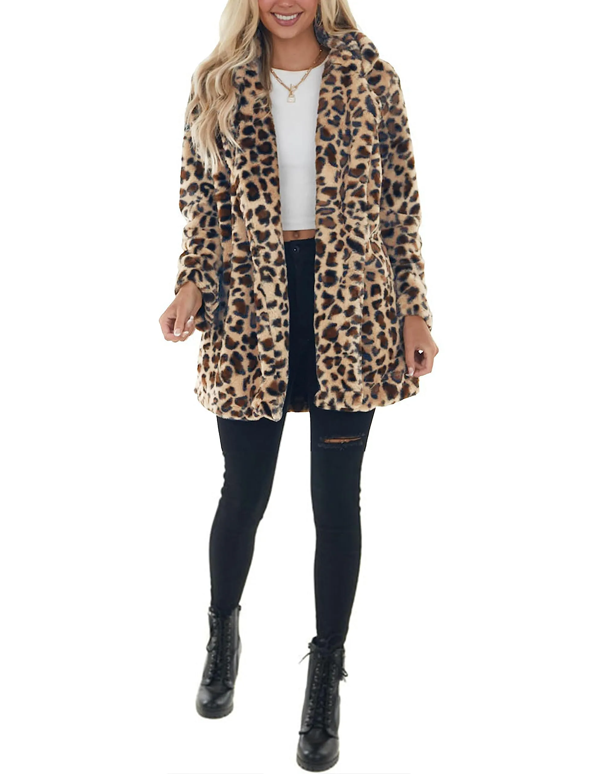 Omoone Women's Faux Fur Jackets Autumn Winter Leopard Coats Loose Fur Coat with Pockets