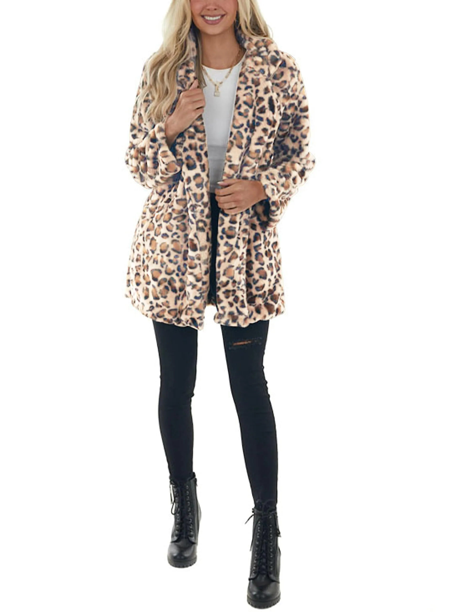 Omoone Women's Faux Fur Jackets Autumn Winter Leopard Coats Loose Fur Coat with Pockets