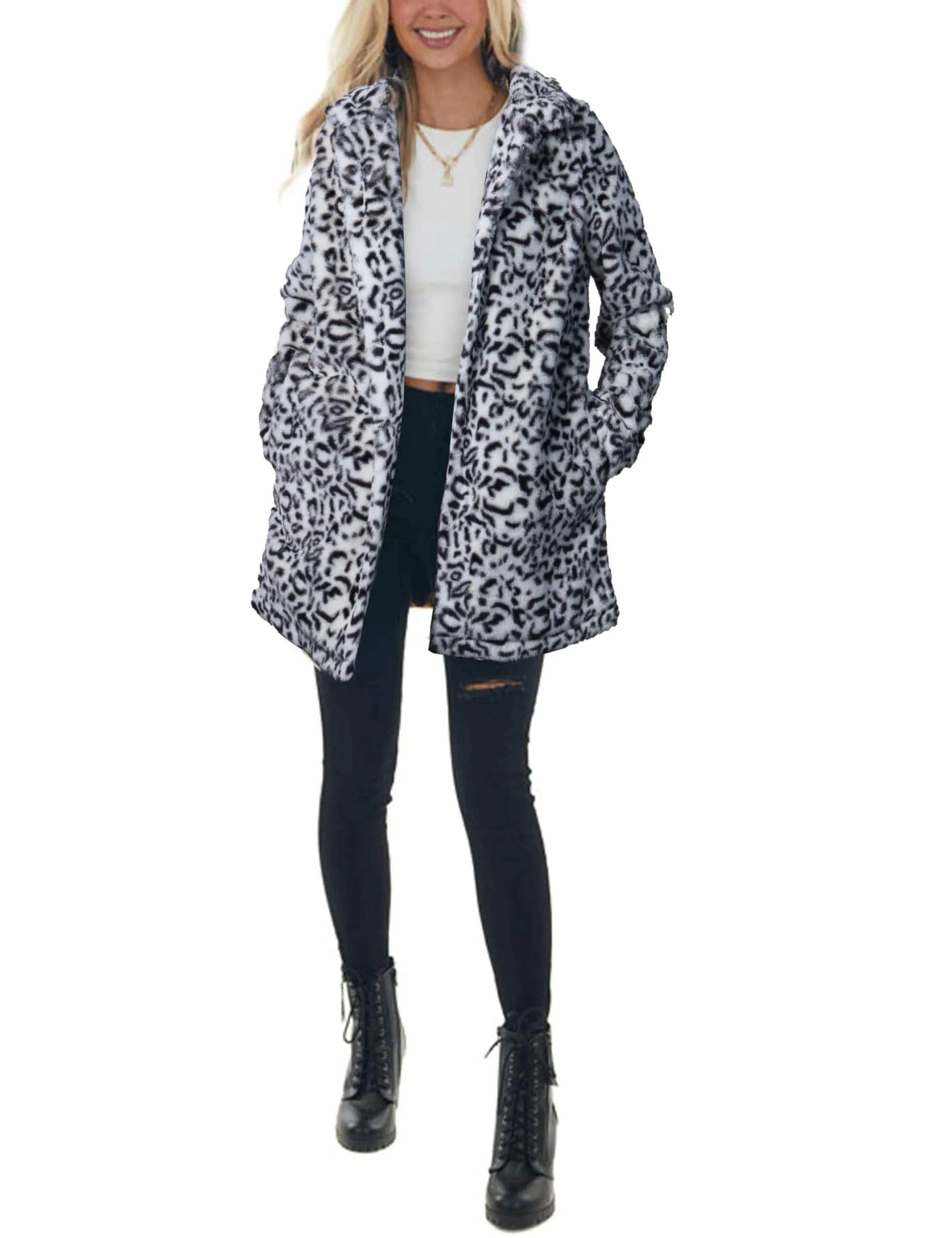 Omoone Women's Faux Fur Jackets Autumn Winter Leopard Coats Loose Fur Coat with Pockets