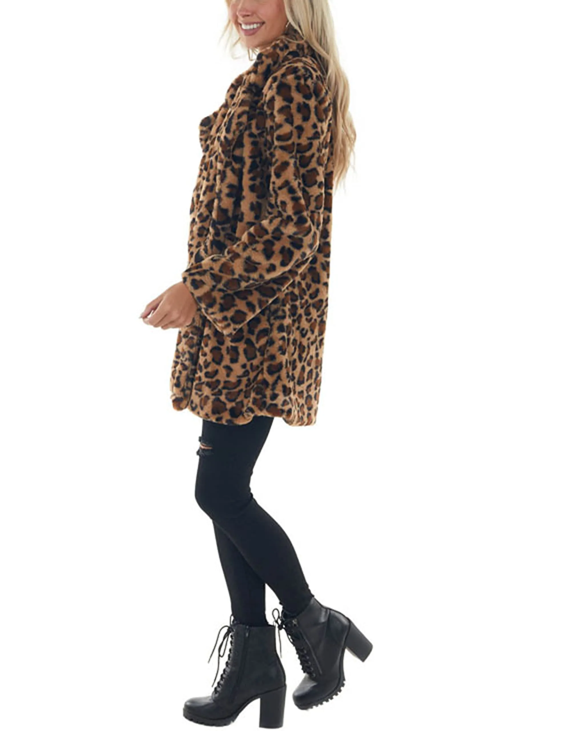 Omoone Women's Faux Fur Jackets Autumn Winter Leopard Coats Loose Fur Coat with Pockets