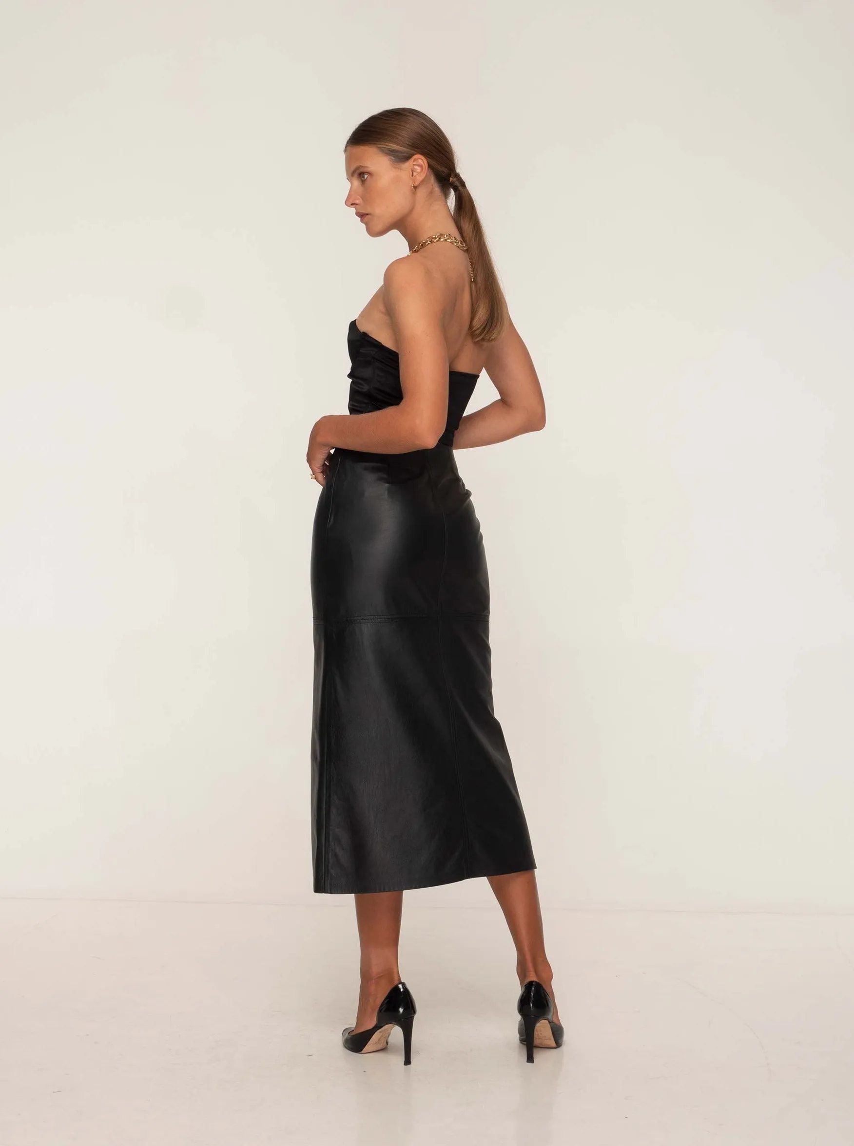 SIENNA LEATHER MAXI SKIRT - BLACK