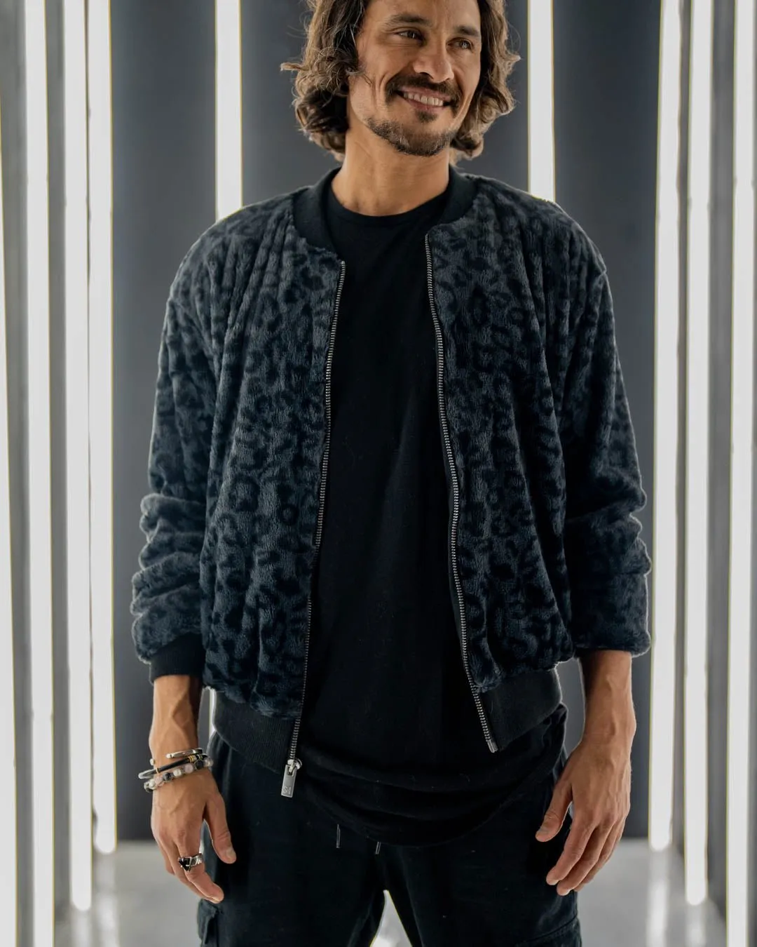 Slate Leopard ULTRA SOFT Faux Fur Bomber Jacket | Men's