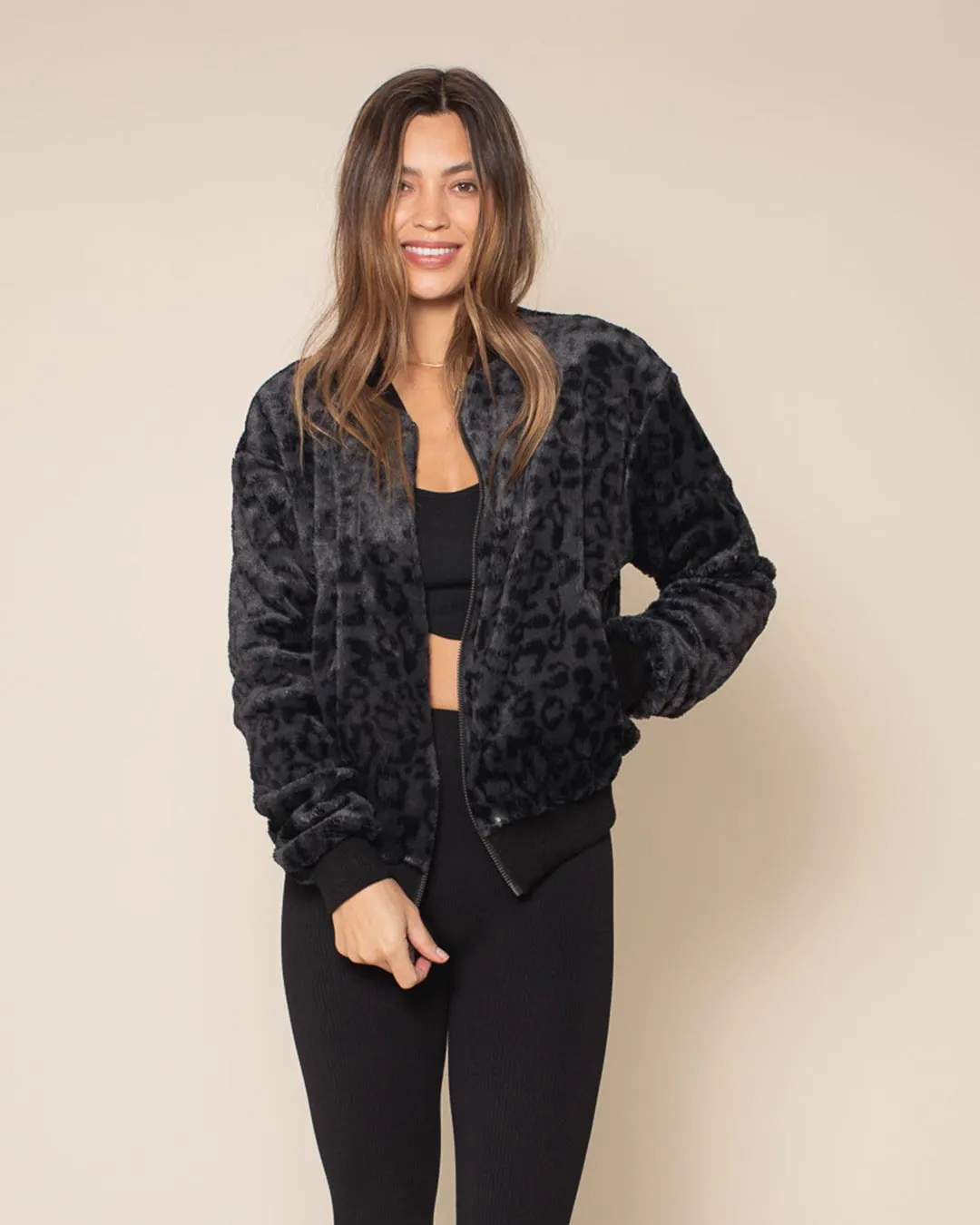 Slate Leopard ULTRA SOFT Faux Fur Bomber Jacket | Women's