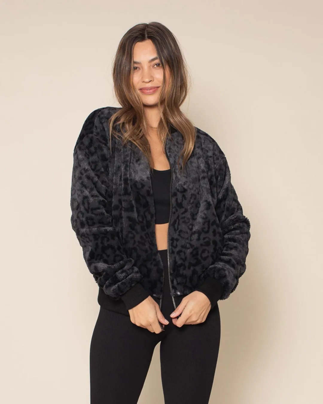 Slate Leopard ULTRA SOFT Faux Fur Bomber Jacket | Women's