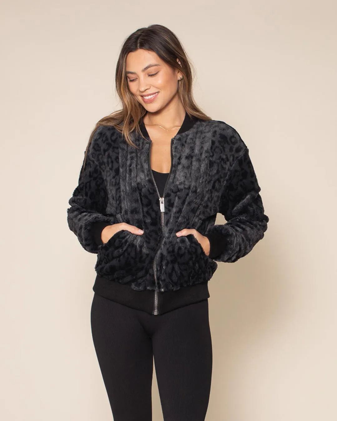 Slate Leopard ULTRA SOFT Faux Fur Bomber Jacket | Women's