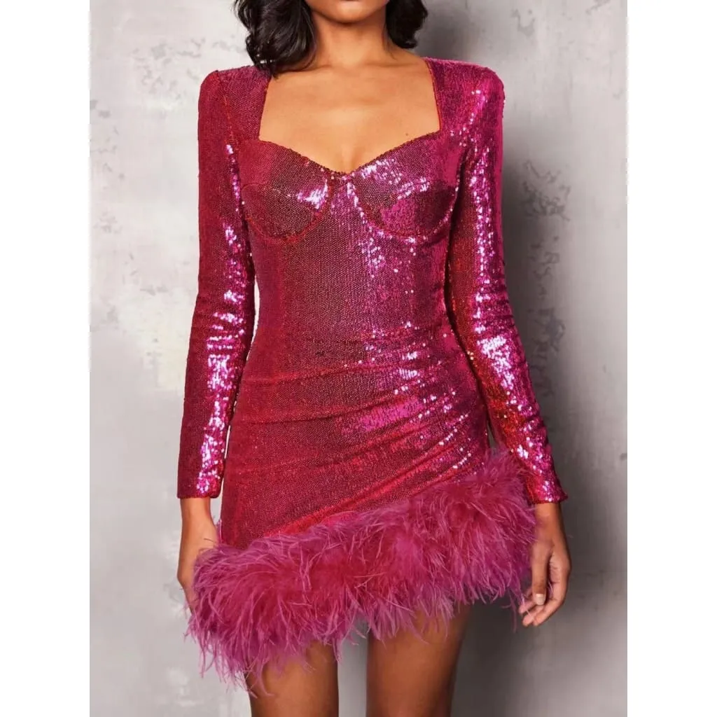 Sweetheart Neck Fuzzy Feather Trim Bodycon Sequin Dress