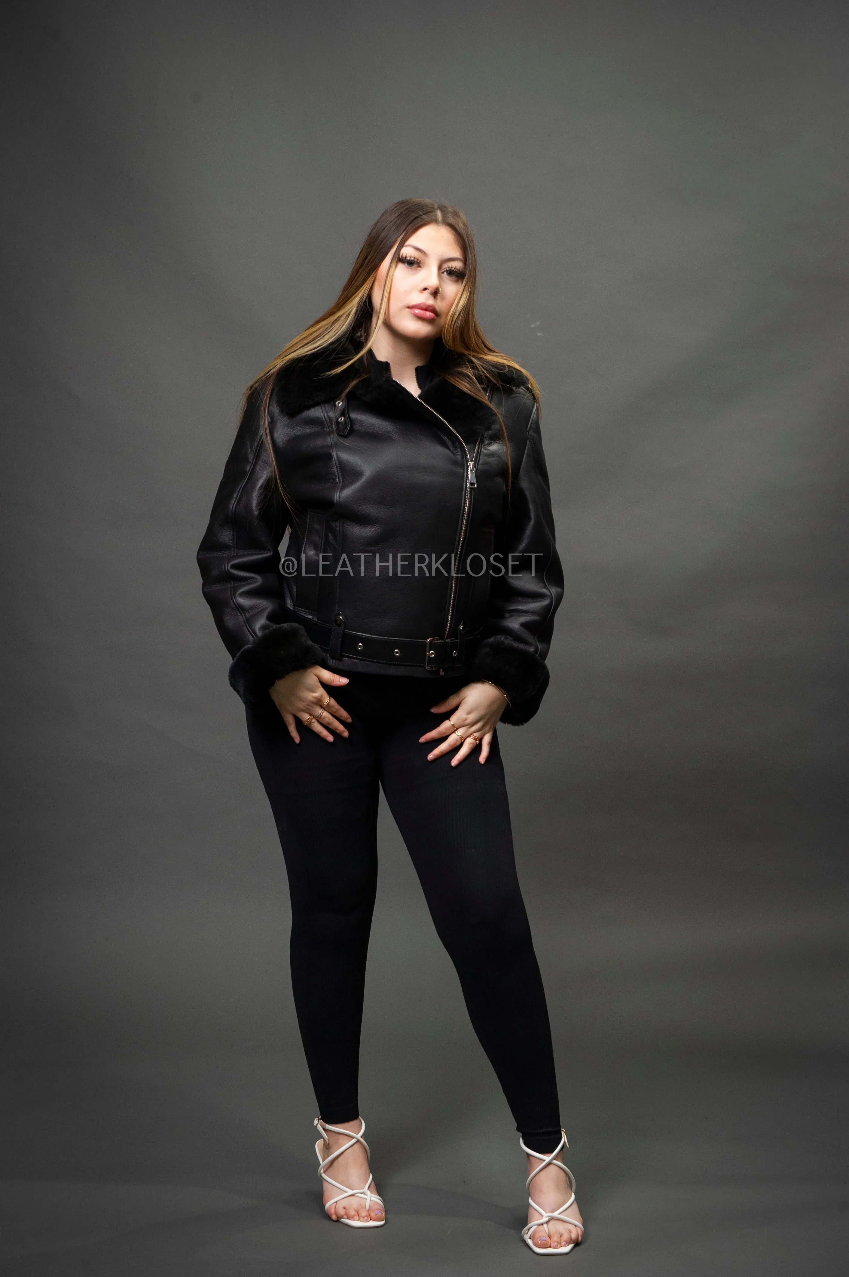 Women's Classic Sheepskin Biker Jacket [Black]