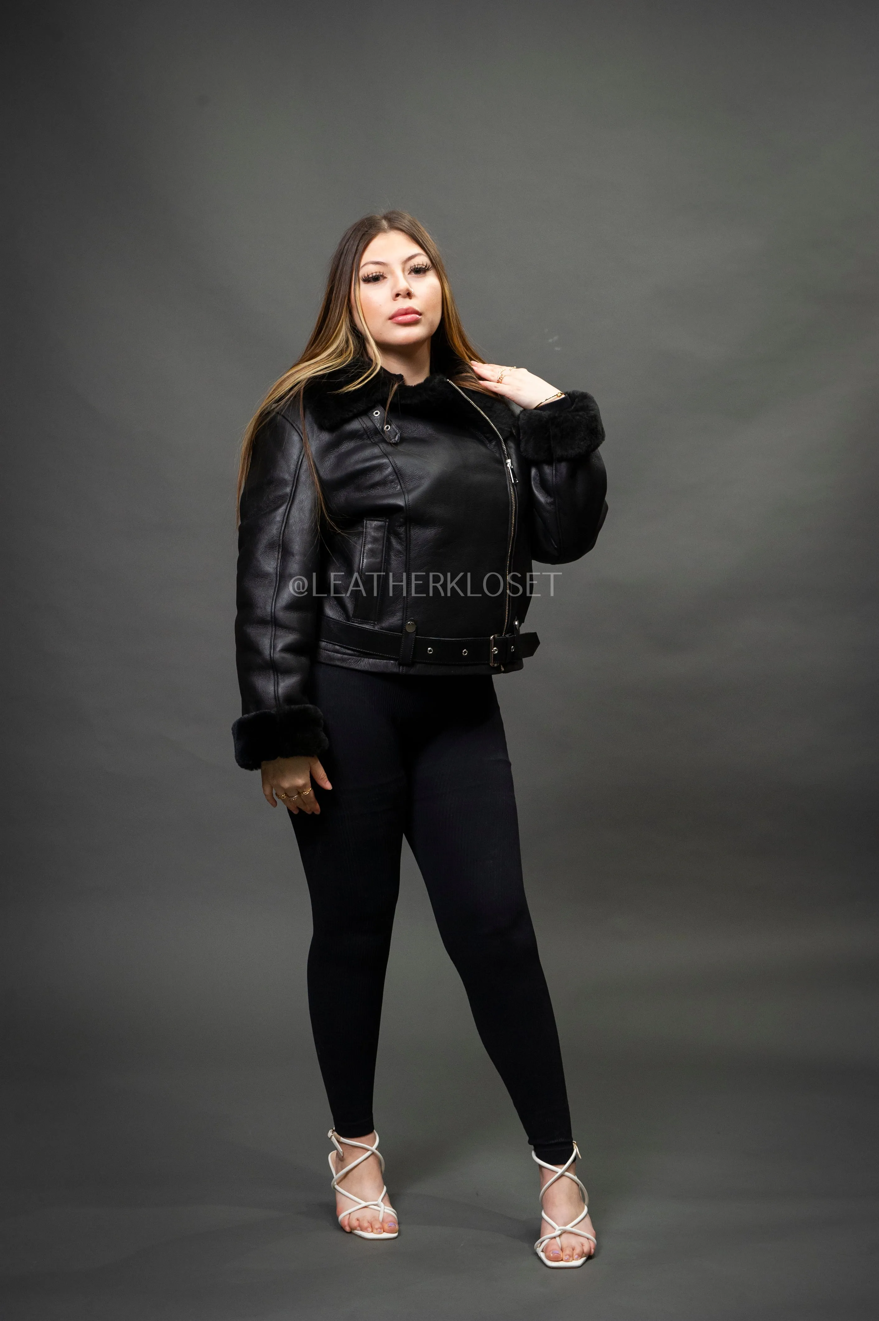 Women's Classic Sheepskin Biker Jacket [Black]